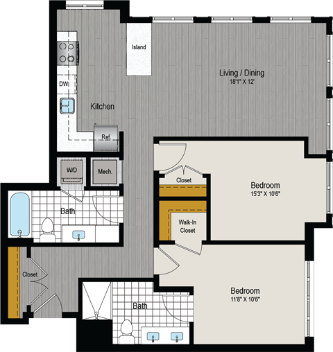 Floor plan for 2 beds, 2 baths, 990 sqft